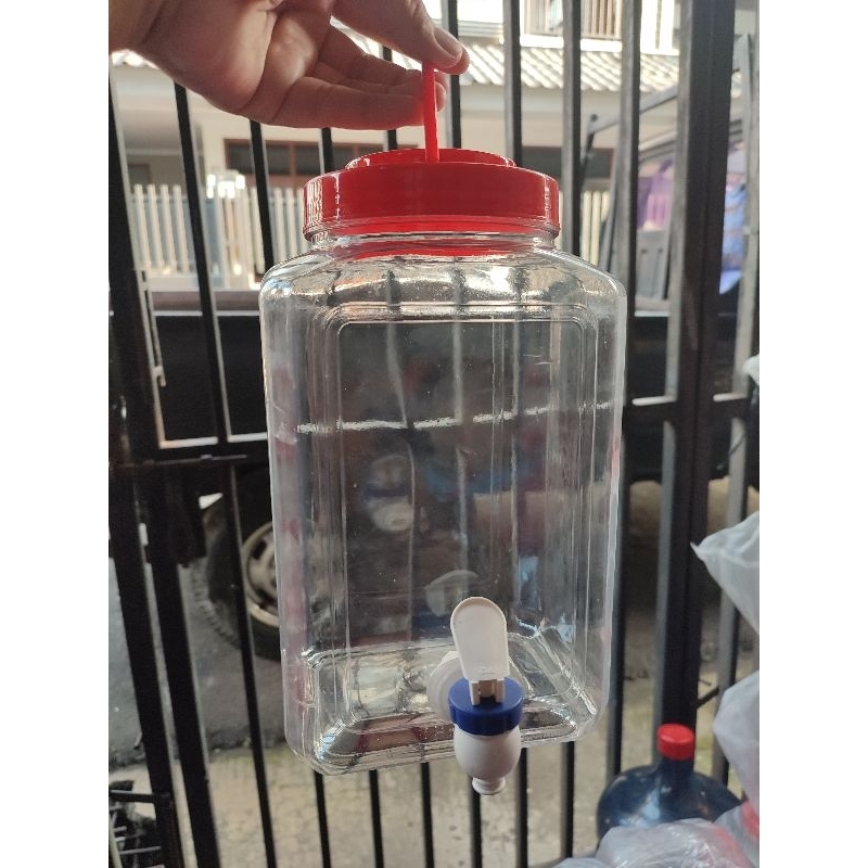 Toples Kotak 4 Liter Tutup Gagang Merah + Kran. Toples Wudhu / Toples Air Juice / Toples Serbaguna K