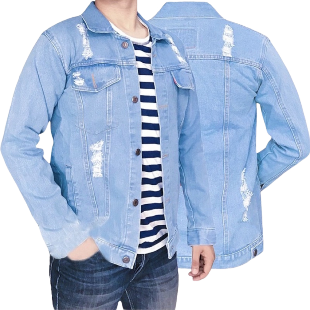 Rei Jeans - Jaket Denim Pria Sobek Cowok Casual Distro Keren Ripped