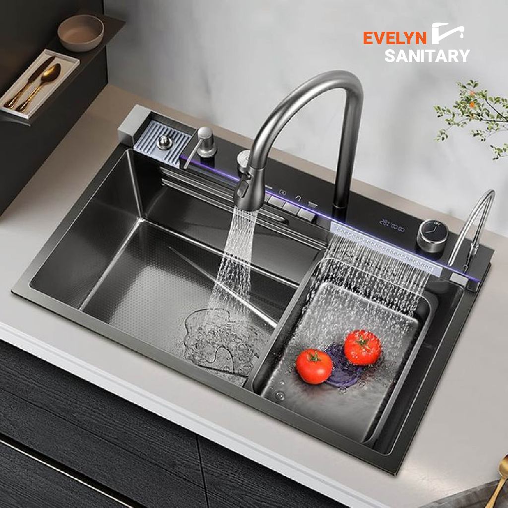 EVELYN SANITARY - Paket Komplit Kitchen Sink Stainless Steel 304 Kran Tembok Flexible Wastafel Dapur