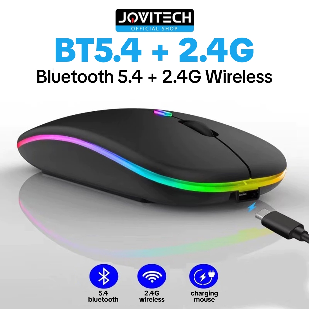 Jovitech Mouse Bluetooth 5.4 Wireless Silent Rechargeable 2.4Ghz 1600DPI Receiver USB untuk PC Lapto