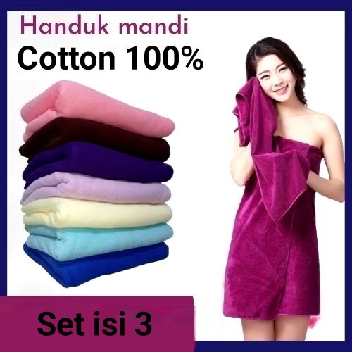 Handuk Mandi Dewasa Set Isi 3 Cotton 100% Tebal Lembut  dapat 3 Besar Sedang Dan Kecil