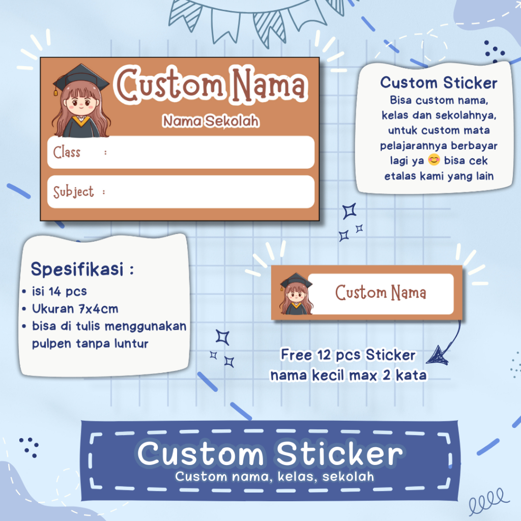 

14pcs Azurakids Sticker Custom Nama Buku Mata Pelajaran Anak Edisi Wisuda Graduation