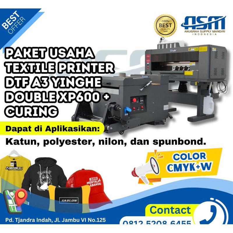 DTF PAKET USAHA SABLON TEXTILE PRINTING DTF A3 YINGHE DOUBLE HEAD XP600 + curing
