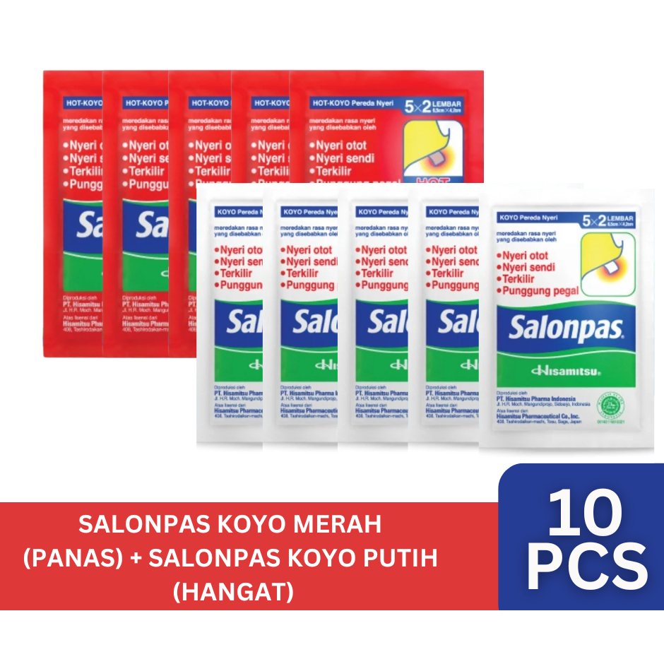 [10 SACHET] Koyo Salonpas HOT Merah 5 Sachet + Koyo Salonpas Hangat Putih 5 Sachet (1 Sachet 10 Lemb