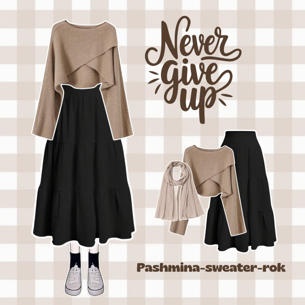 1 set 3in1 OOTD Outfit Remaja Kekinian (rajut silang+rok susun+pasmina) Style Outfit Remaja Wanita K