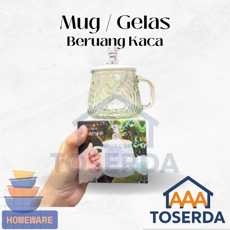AAA Toserda | Gelas Kaca Motif Diamond dengan Tutup dan Sendok – Set Mug Beruang Silver Lucu + Box