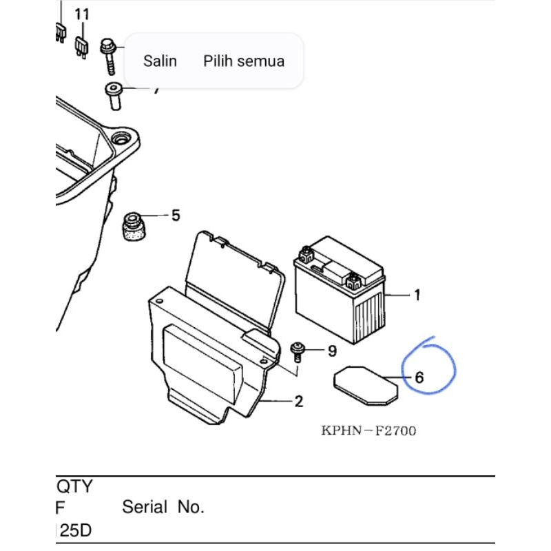 Karet bantalan accu atau Cushion battery untuk motor Karisma number part 81257KPH900