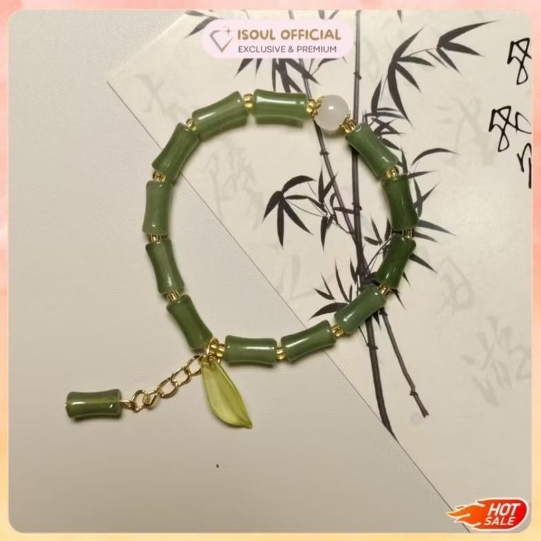 Gelang Giok Bambu Pembawa Hoki Rezeki Wanita Korea warna Hijau Batu Anti Karat