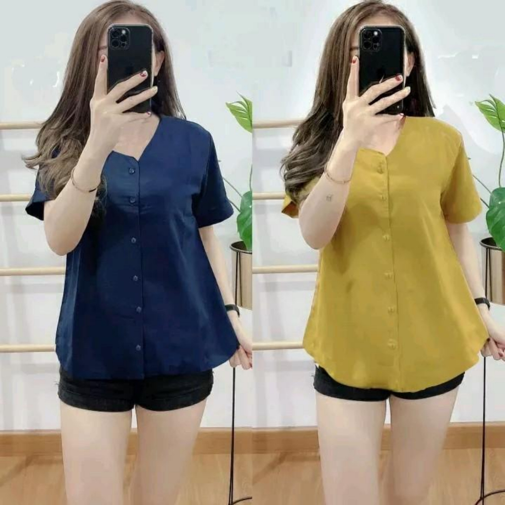 ORTEGA OUTFIT ATASAN BLOUSE KEMEJA LENGAN PENDEK LEHER V NECK SHAKILA
