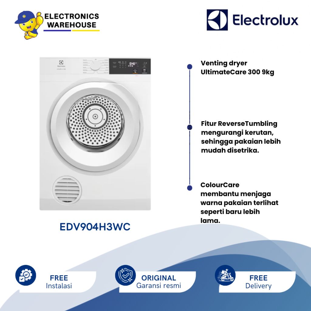 Pengering Pakaian Electrolux EDV904H3WC 9kg Putih Freestanding