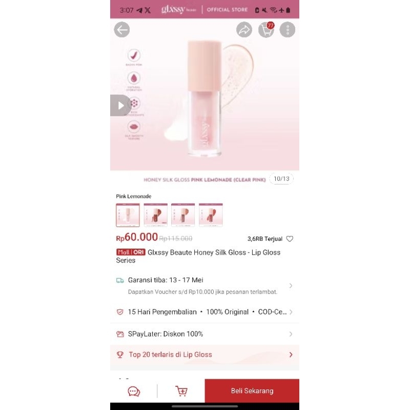 NEW glxssy honey silk lip gloss shade pink lemonade
