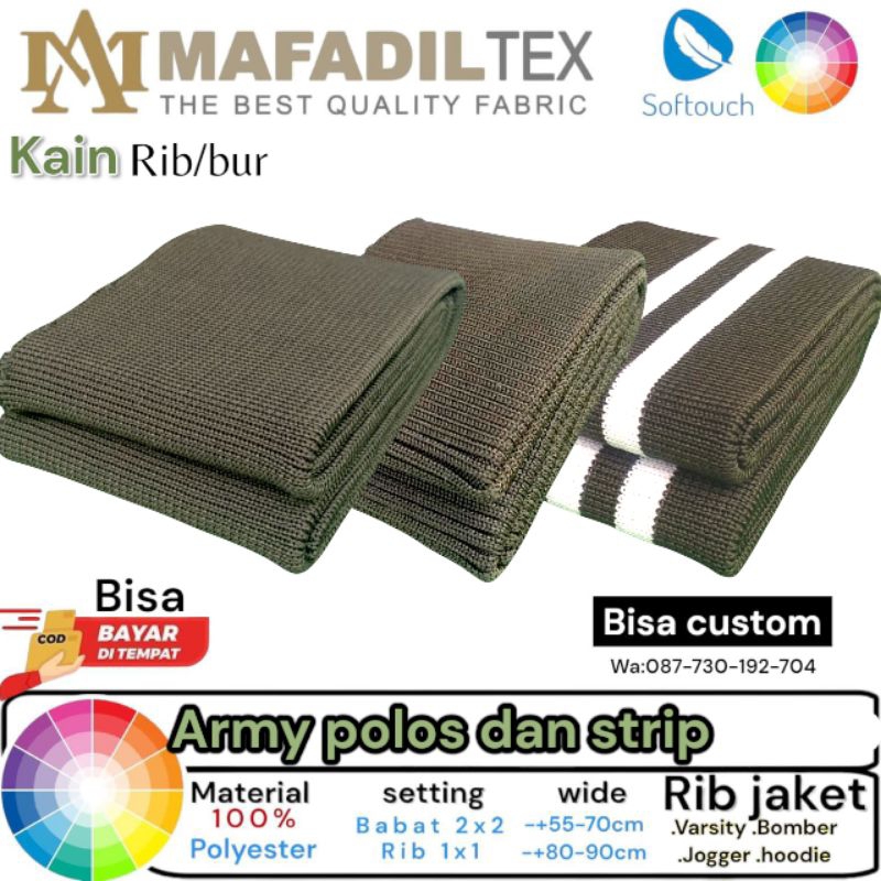kain rib/bur 1x1 babat 2x2 warna dasar army polyester premium