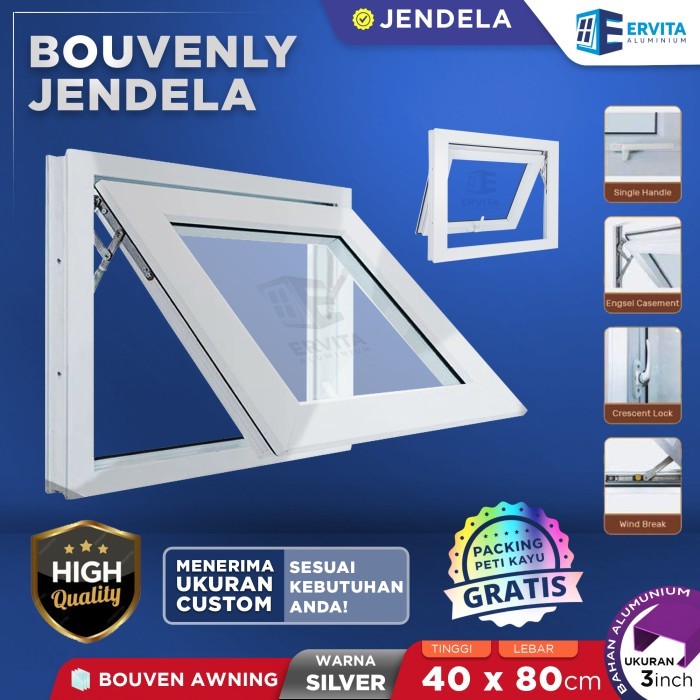 Kusen Jendela Aluminium - Bouvenly Awning - Ukuran 40 x 80 cm - Silver