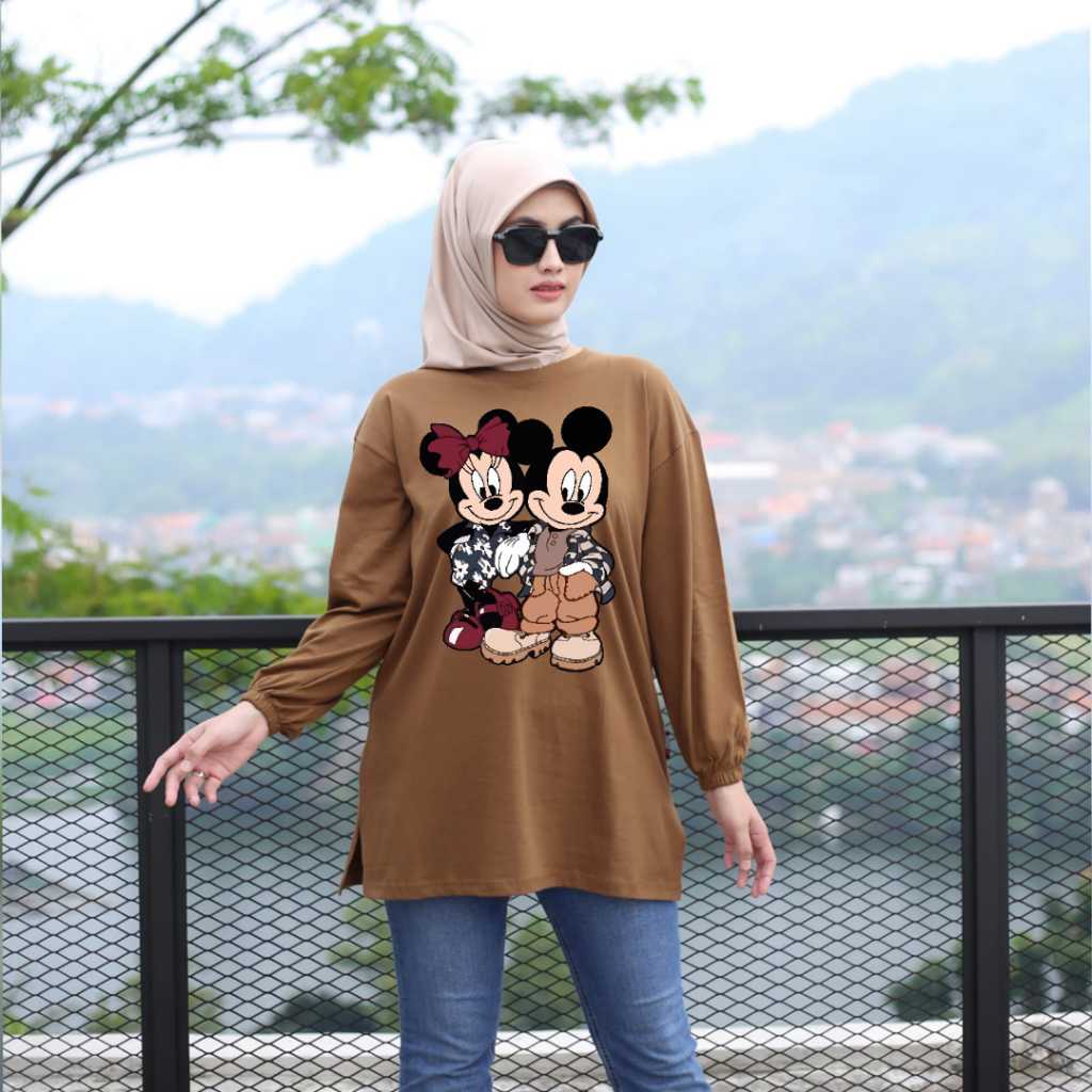 ARELS.ID KAOS OVERSIZE WANITA LENGAN PANJANG KARET KERUT DISNEY TERBARU