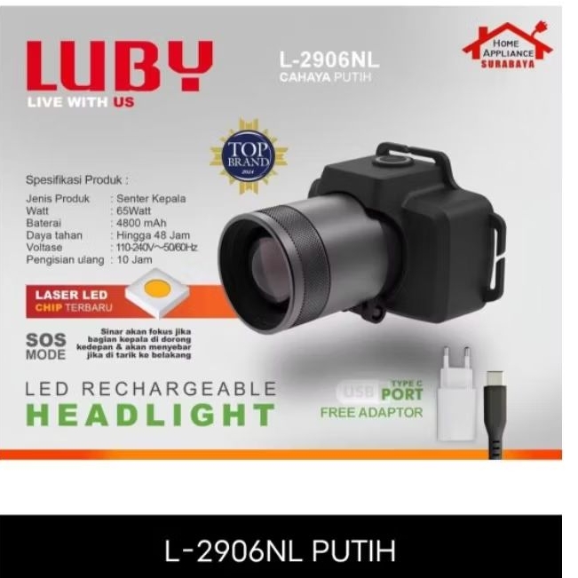 SENTER KEPALA LUBY/HEADLAMP ZOOM 65WATT L-2906 CAHAYA PUTIH
