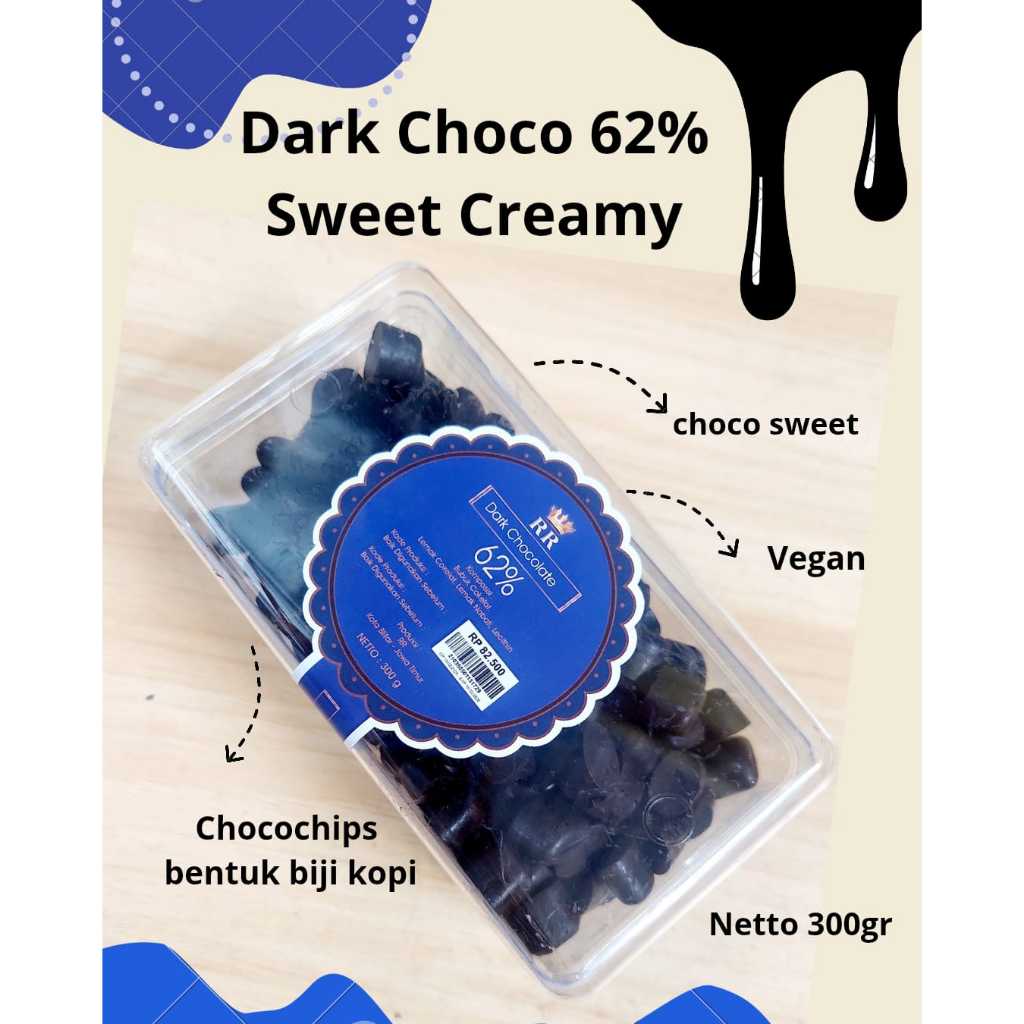

Dark Chocochip 62% Netto 300gram. Rendah Lemak Dan Rendah Gula!