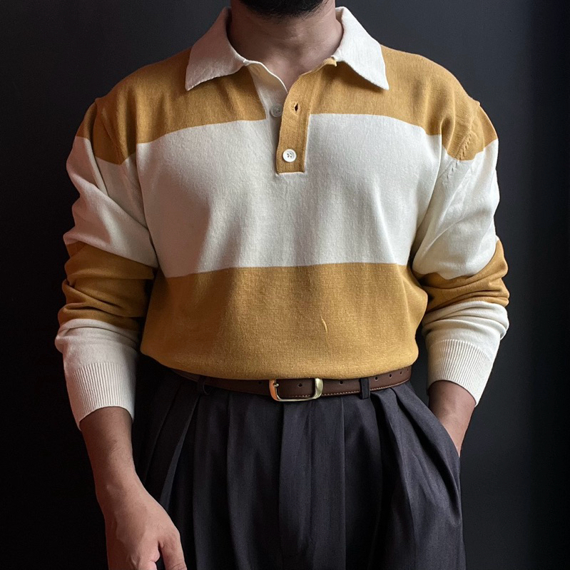 Sweater Rajut Polo Salur Cream Mustard by SUARE