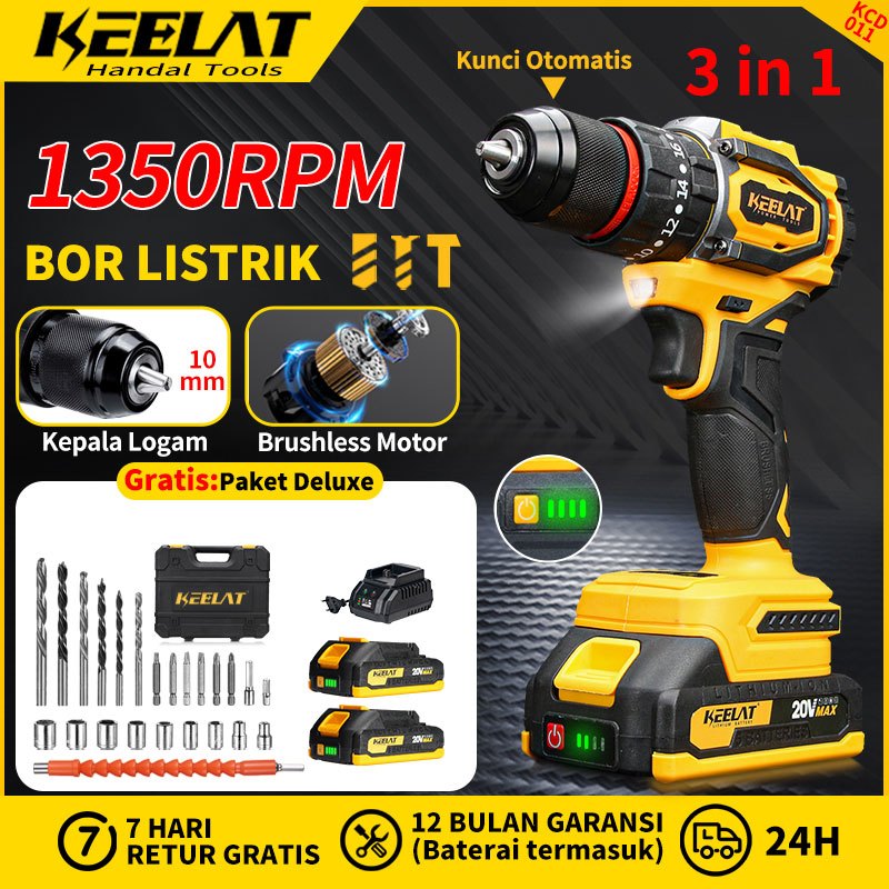 KEELAT KCD011 brushless bor baterai  set lengkap 10mm bor listrik Multifungsi bor cordless Besi temb