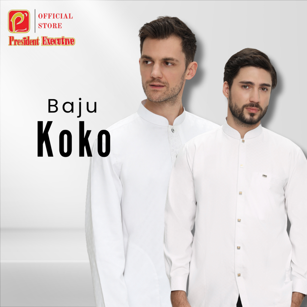 President Executive - Kemko Putih Lengan Panjang Al Hadad Baju Koko Pria Dewasa Polos Kombinasi