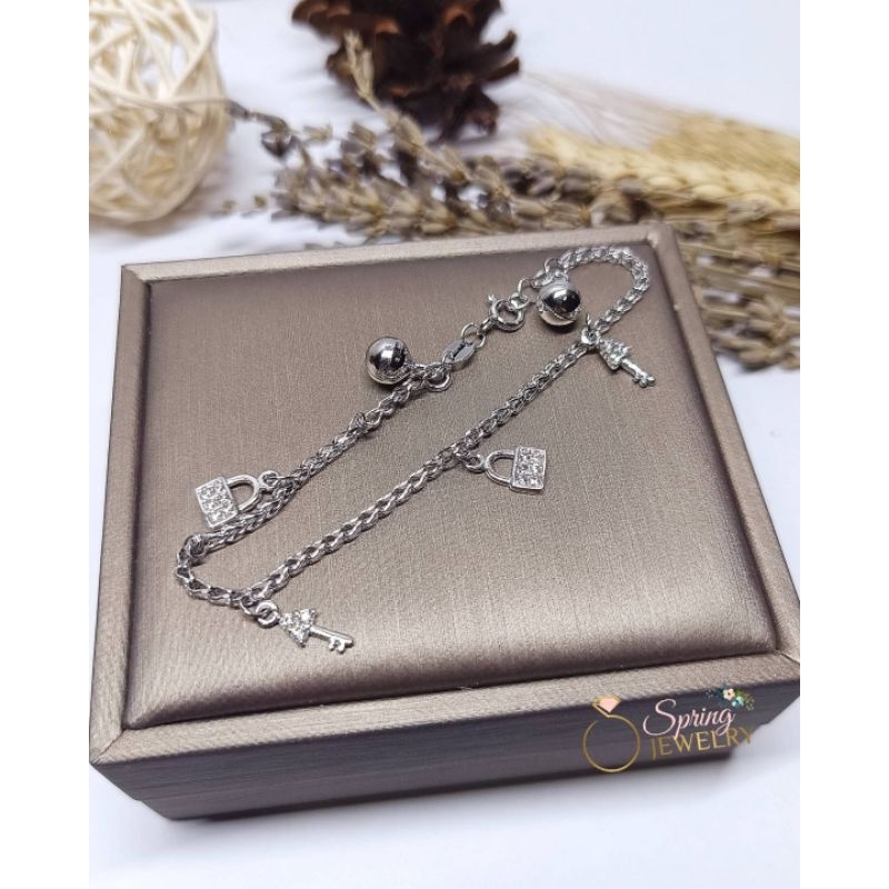 Gelang Perak Wanita Kunci dan Tas Full Mata Silver 925 Asli Lapis Emas Putih