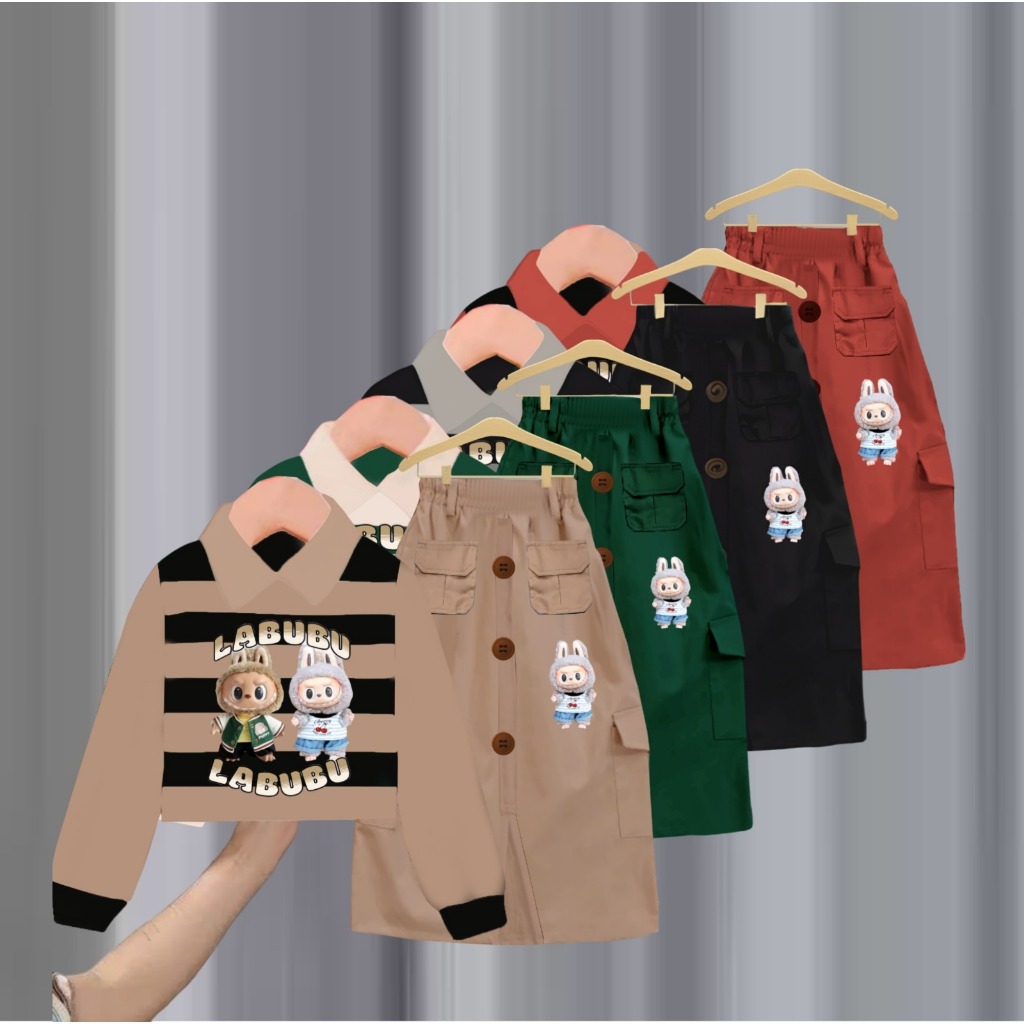 Setelan Anak Rok Kargo Salur / Baju Anak Perempuan Viral Usia 2 Tahun - 12 Tahun / Baju Anak Viral P