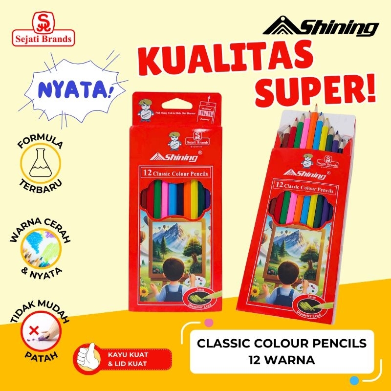 

Shining Pensil warna 12 panjang. Kualitas warna sangat natural dan mudah diaplikasikan.