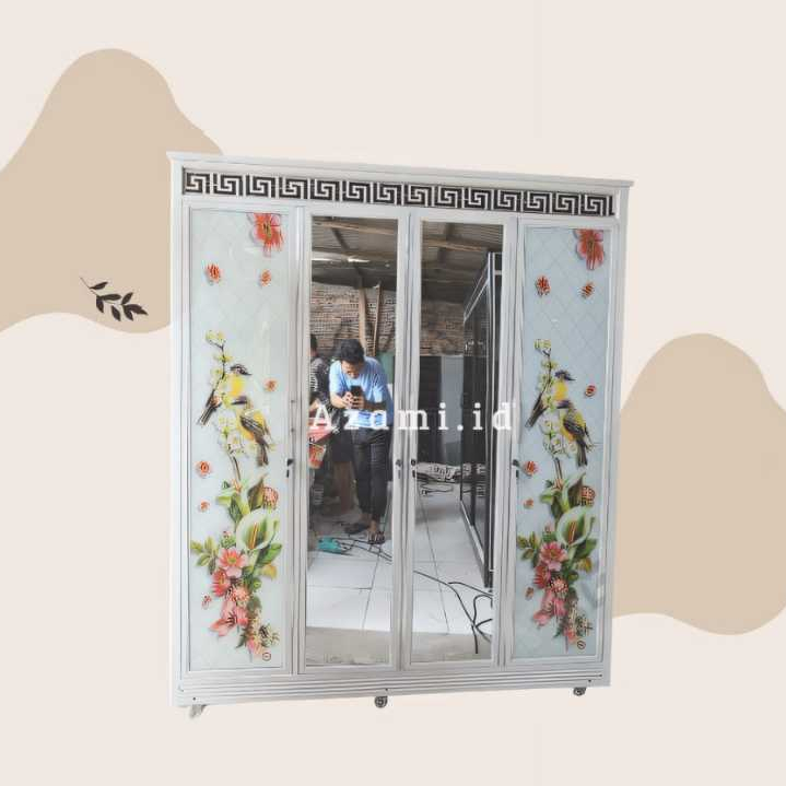 Lemari baju pakaian kaca motif 4 pintu / Lemari baju aluminium / Lemari baju kaca
