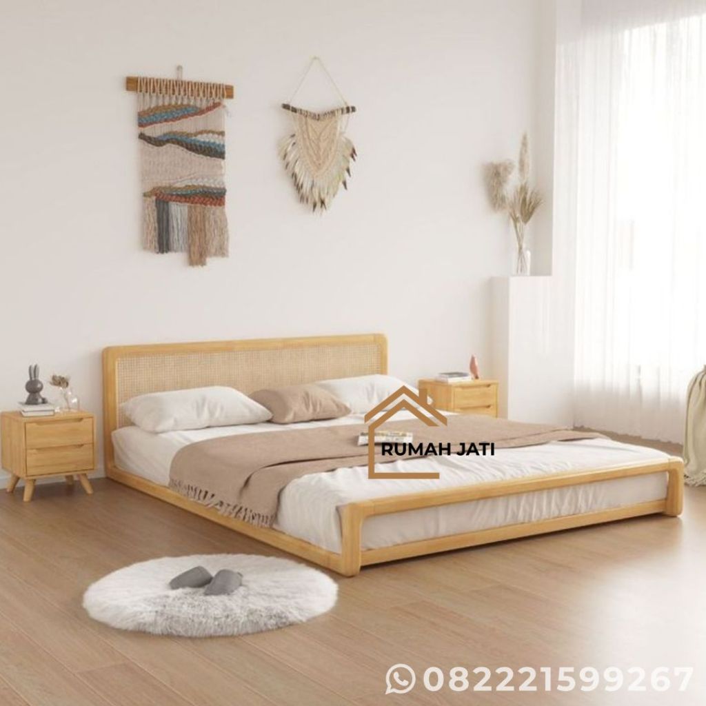 tempat tidur lesehan kayu jati sandaran rotan minimalis / dipan rotan aesthetic