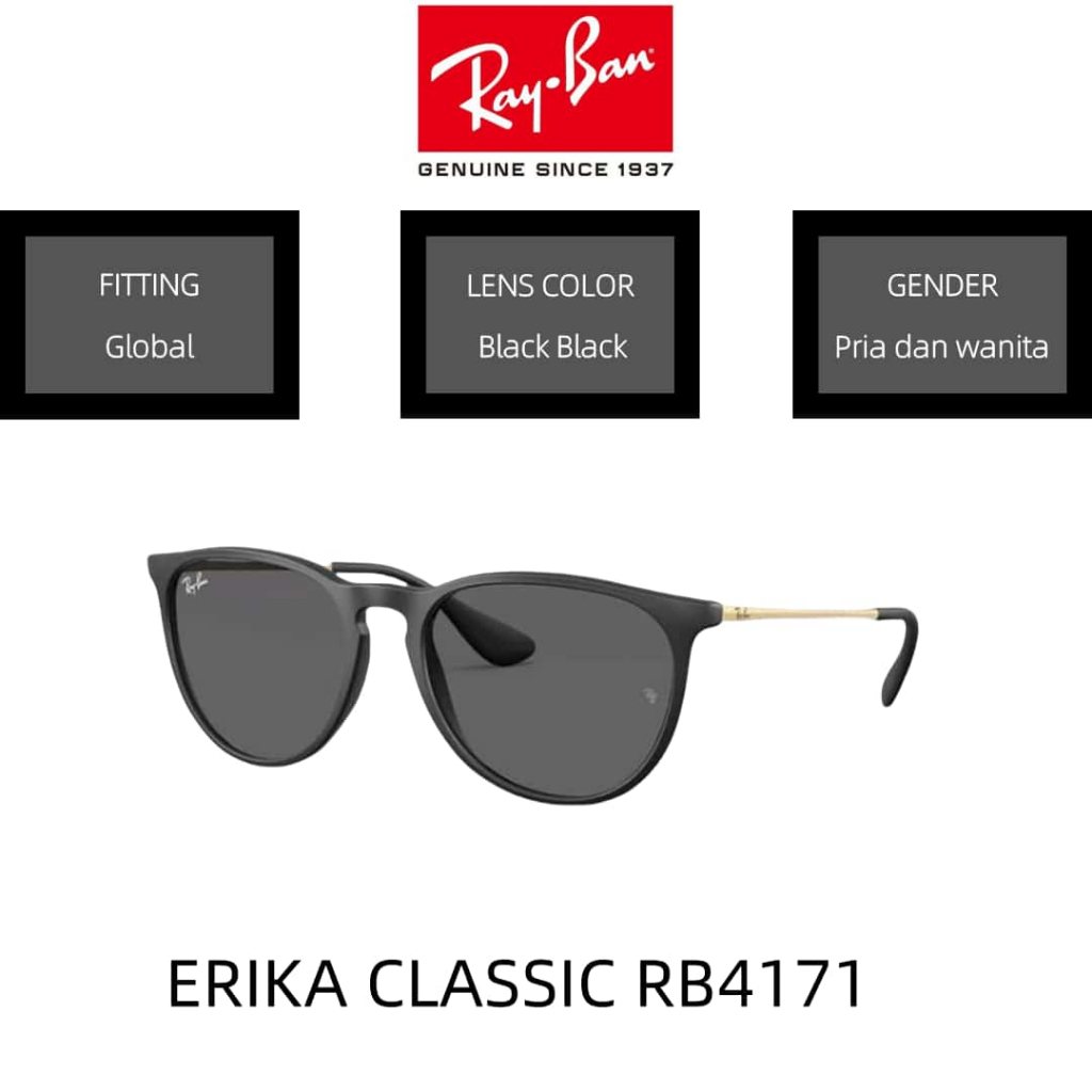 【100%Ori】Kacamata Hitam RAY-BAN ORIGINAL Erika Classic RB4171 Sunglasses 54mm Black / pria wanita