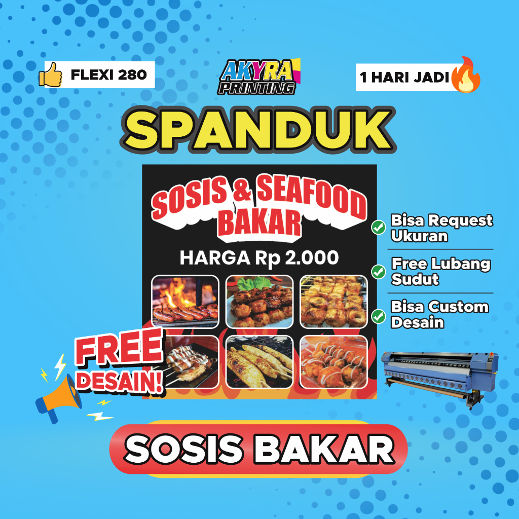 Spanduk Sosbak - Sosis Seafood Bakar Frozen Food | COD Bahan F280 Best Quality | Sehari Jadi
