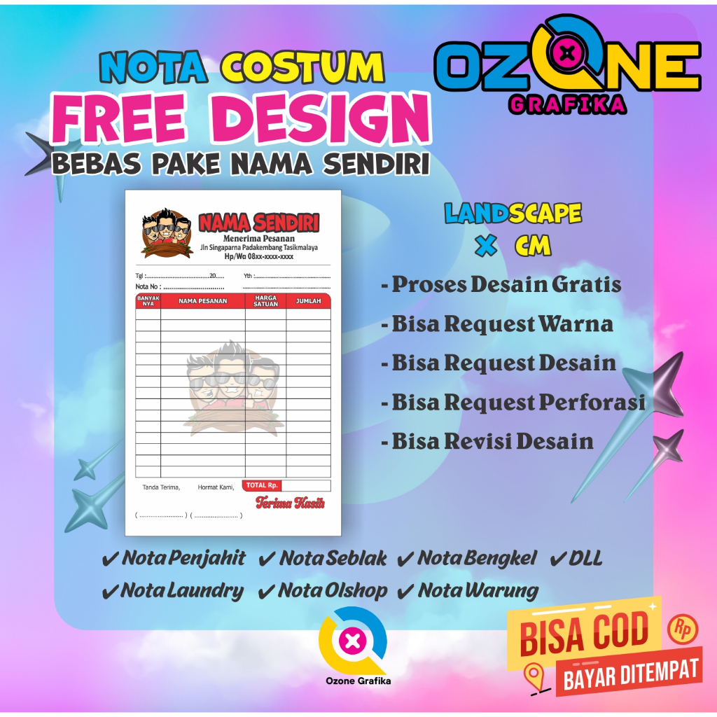 

Cetak Nota Custom 1/4 Free Desain Bebas Pake Nama Sendiri , Full Color Di Ozone Grafika