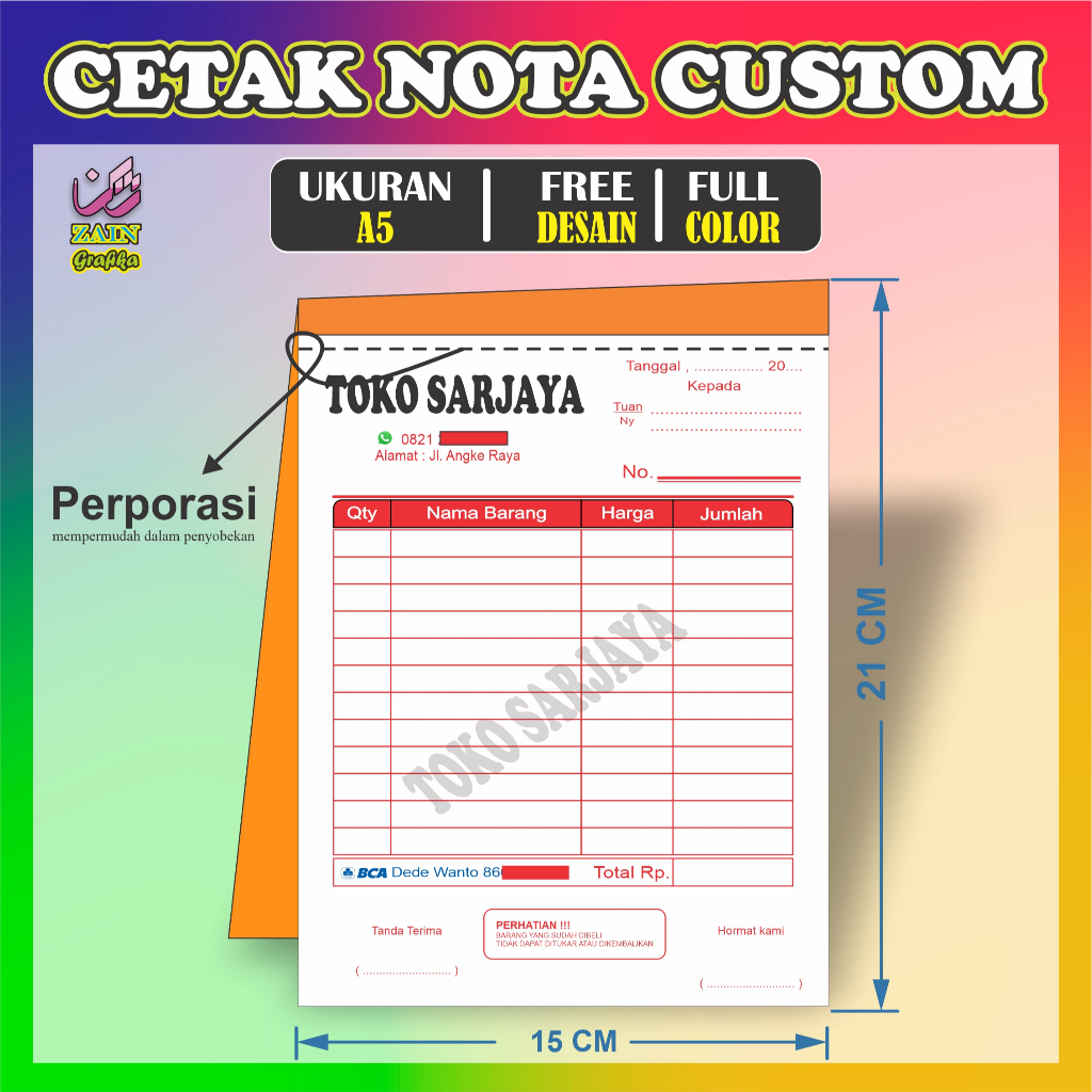 

cetak nota ukuran A5 custom desain full warna, invoice, surat jalan, faktur, kwitansi