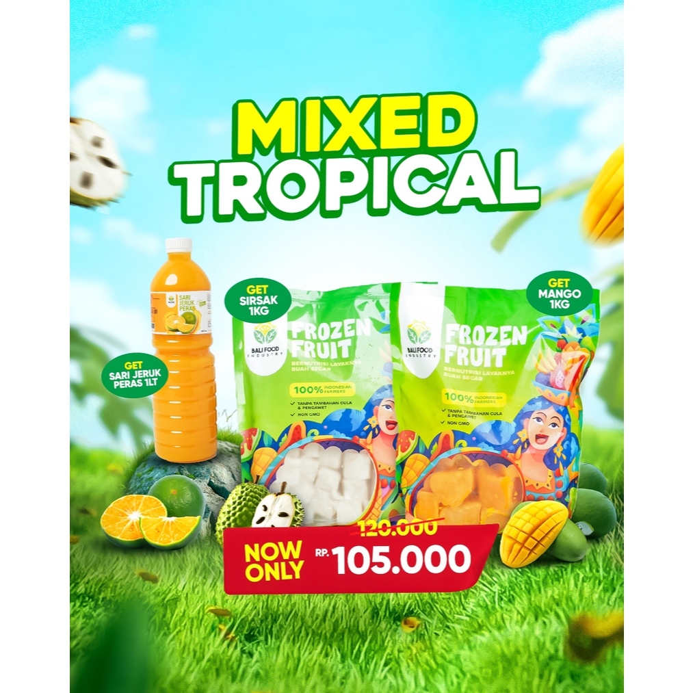 

Paket Bundle Mixed Tropical (Mangga Frozen 1KG, Sirsak Frozen 1KG, Sari Jeruk Murni 1 lt)