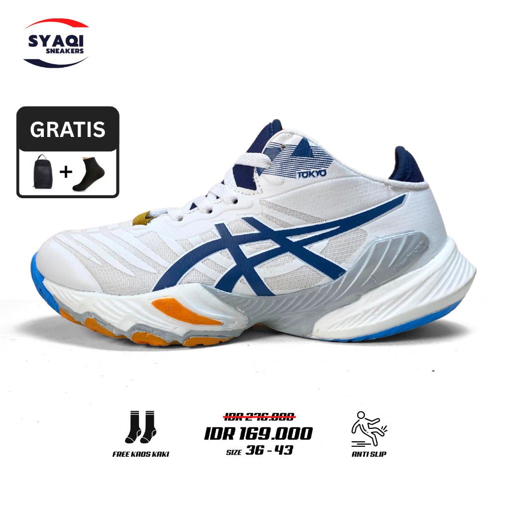 Syaqi Sneakers - Sepatu pria olahraga volly premium quality VOLLY ASICS METARISE Putih Navy
