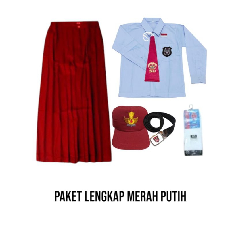 stelan seragam SD merah putih cewek baju lengan panjang rok panjang