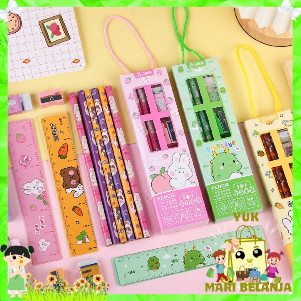 

YMB Stationery Set 5 in 1 Alat Tulis Anak Sekolah Penghapus penggaris Pensil Serutan Karakter Lucu Set Alat Tulis Anak Motif Kartun