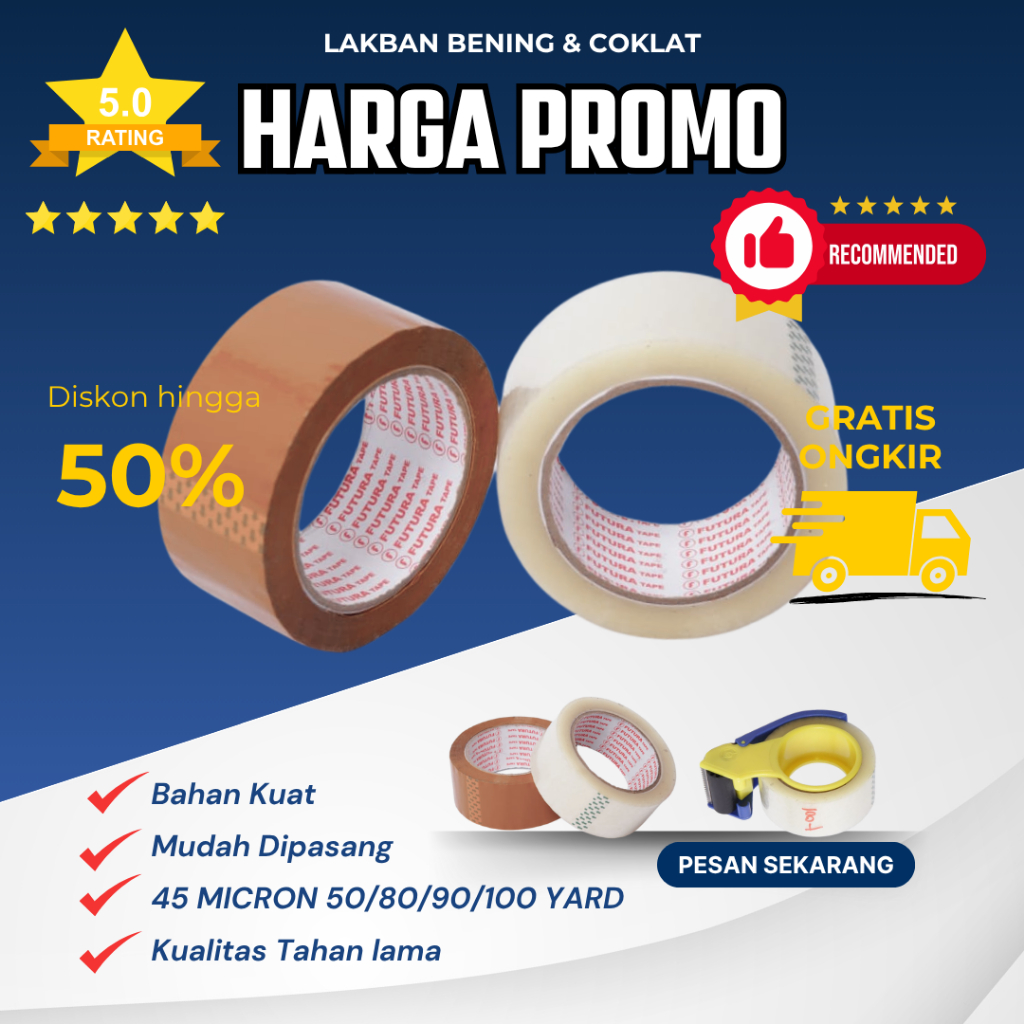 

Lakban Bening / Coklat 50 / 80/ 90 / 100 Yard x 45 Mm x 45 Mic Futura