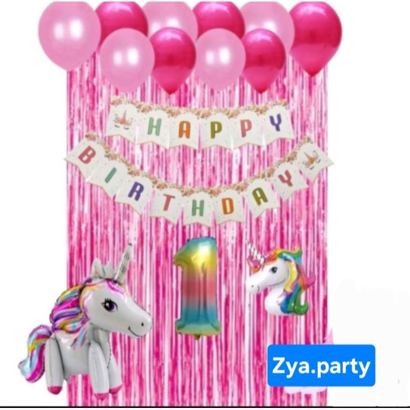 Paket dekorasi simple unicorn lengkap tirai/ dekorasi ulang tahun anak