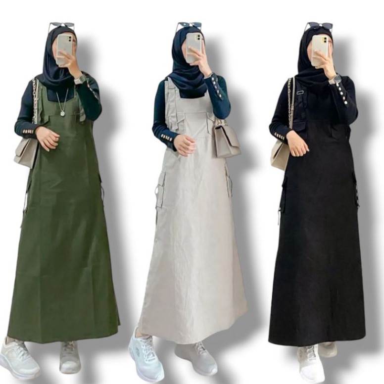 KODE C19V Overall Dress Rok Wanita Cargo Katun Twill HQ Baju Kodok Muslimah Kekinian Motif Polos Ter