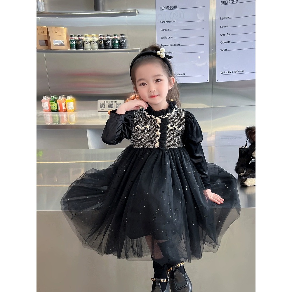 Dress Bludru Anak Perempuan Usia 1-4 Tahun | Gaun Bludru Model Lengan Panjang Kembung Kombinasi Romp