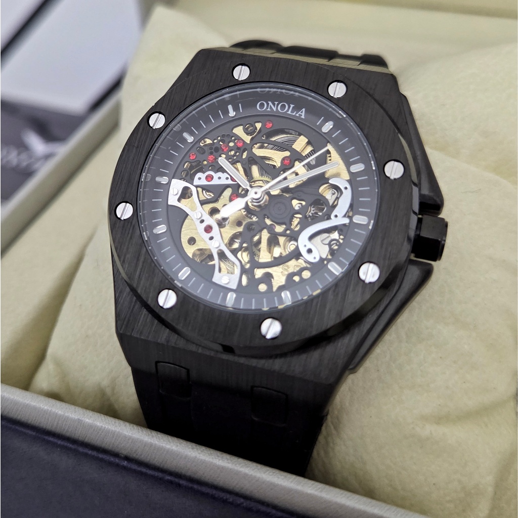 ONOLA Scholar Jam Tangan Pria Original Automatic Mechanical Tanpa Baterai Hitam Skeleton Anti Air