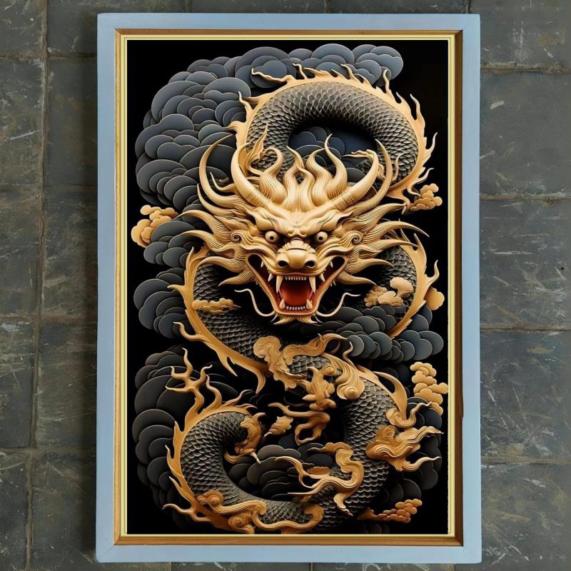 hiasan dinding lukisan cetak naga emas plus bingkai ukuran 85×55