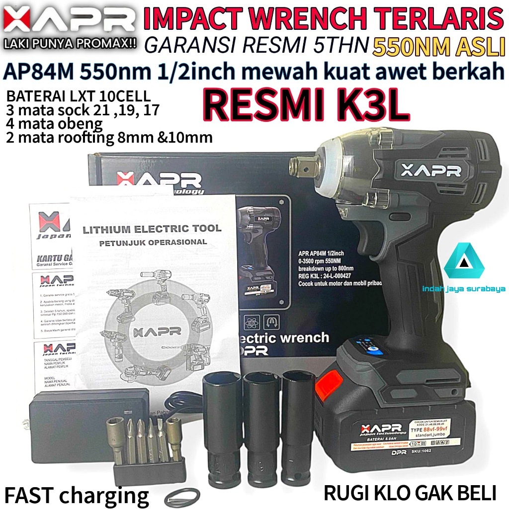 PROMO BOR IMPACT WRENCH 550NM XAPR JAPAN TECHNOLOGY AP84M BATERAI 88VF PEMBUKA BAUT FULLSET