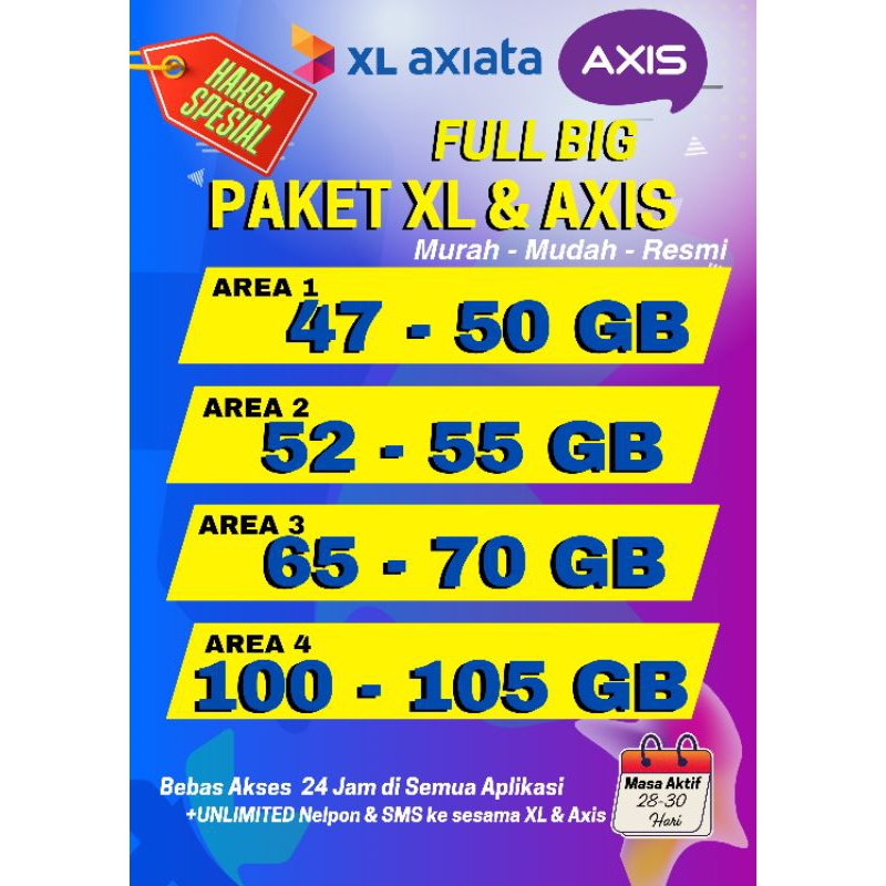 Paket Data 45 - 125 GB, Paket data XL, AXIS, LiveOn, Kuota Murah XL, kuota murah Axis, Kuota murah L