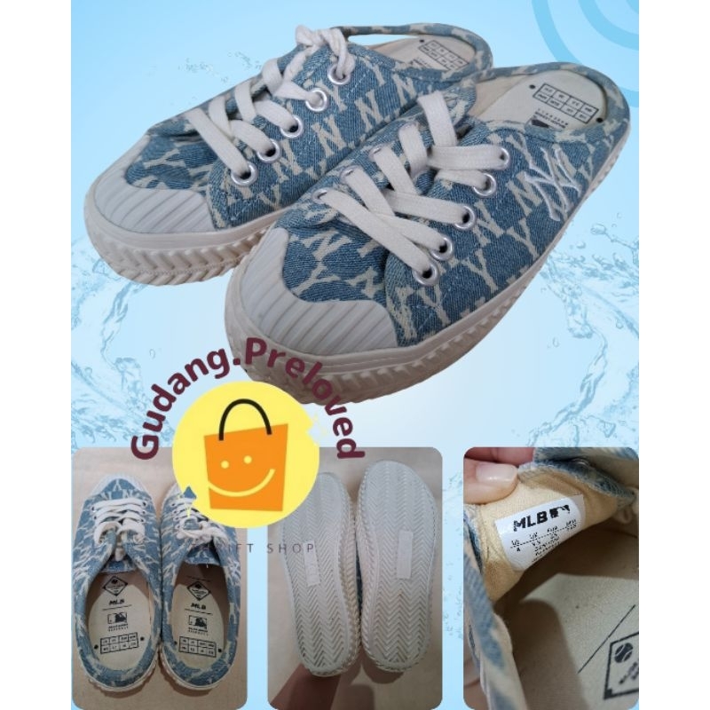 MLB NY Mule Shoes Denim Light / MLB Slip On Monogram NY / Sepatu Casual Wanita - Preloved