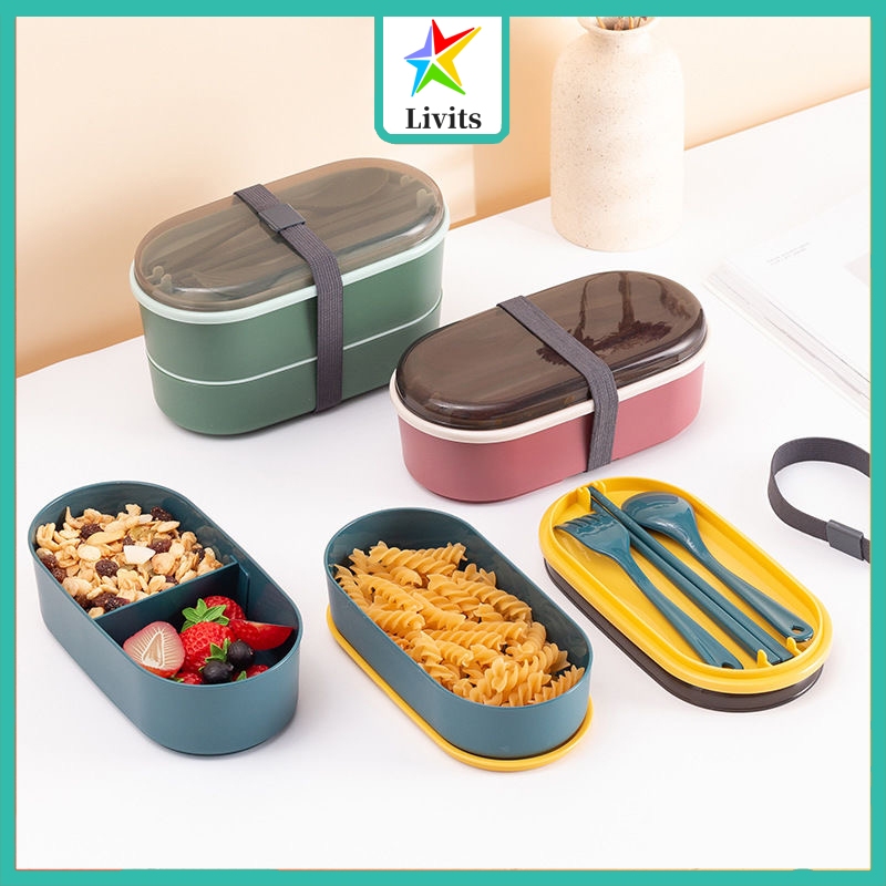 Lunch Box Set Tingkat Kotak Makan dengan Set Sendok Makan Lunch Box