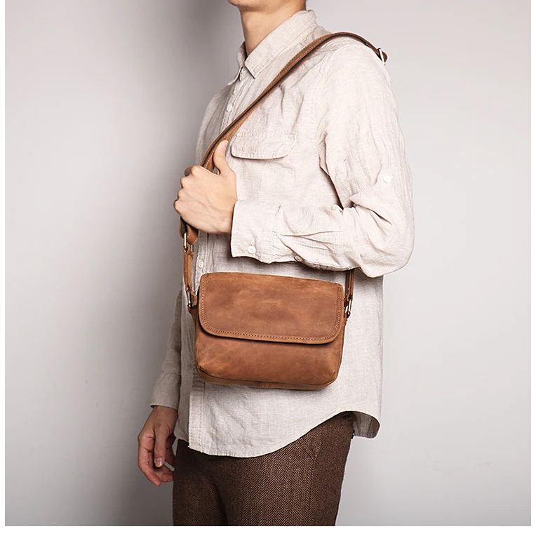 Tas selempang kulit asli pria vintage tas selempang pria kulit crazy horse