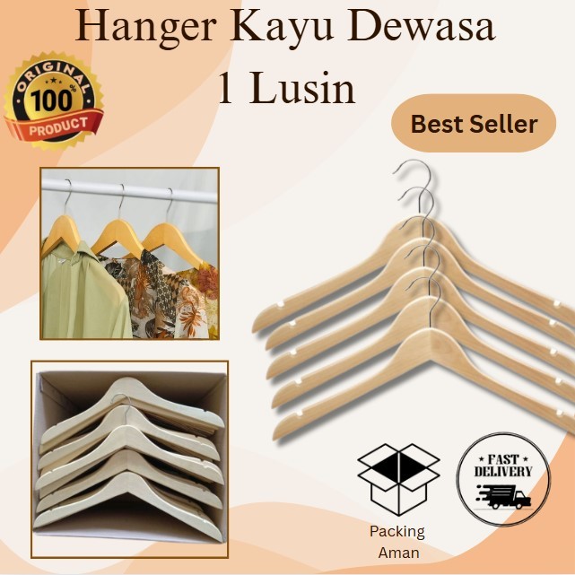Hanger Kayu Dewasa 1 Lusin / Hanger Kayu Tanpa Palang Warna Natural