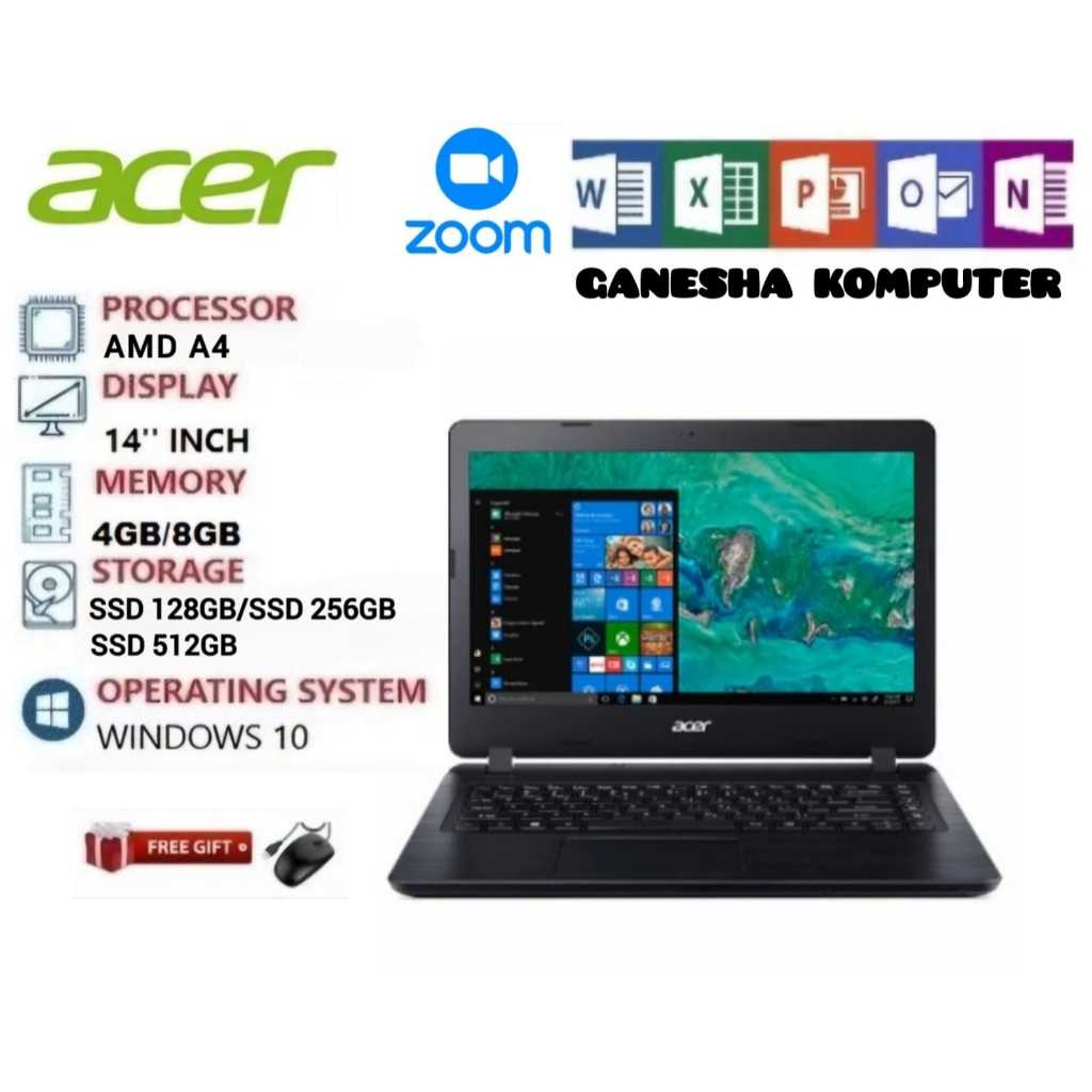 SIAP PAKAI Laptop ACER A314 AMD A4/ram 8Gb/ssd 512Gb/14inch