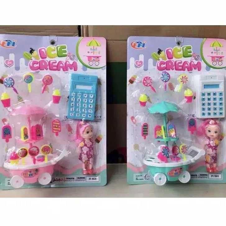 MAINAN GEROBAK ICE CREAM MINI BONEKA FI 565 DAN KALKULATOR  MAINAN EDUKASI STROLLER ICE CREAM MINI